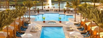 Pool overlooking lake and foundation at Waldorf Orlando