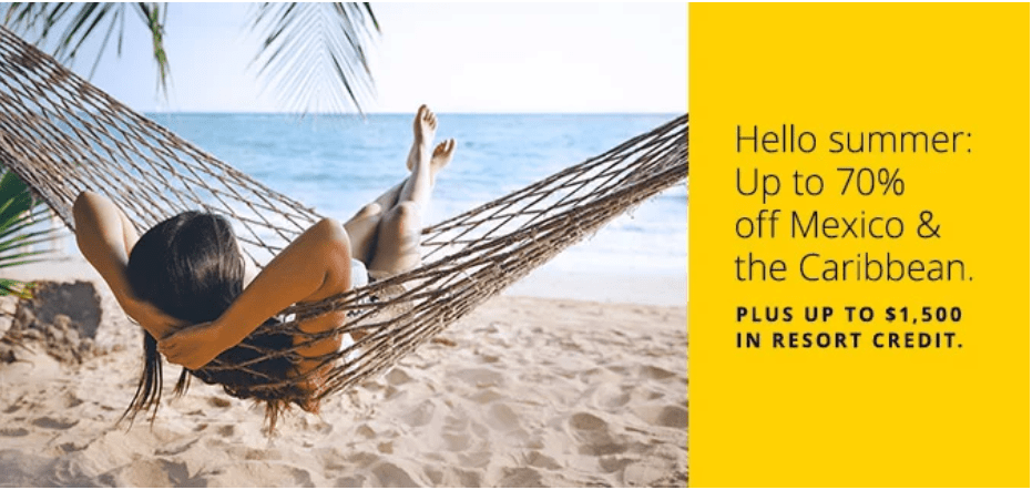 Picture of woman in hammock on beach with text "Hello Summer: Up to 70% off Mexico & Caribbean."